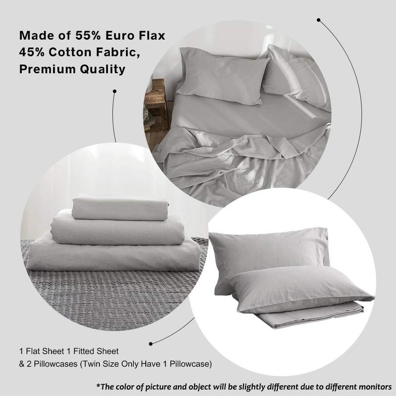 Simple&Opulence Belgian Linen Sheet Set Solid Color - 4 Pieces (1 Flat Sheet, 1 Fitted Sheet & 2 Pillowcases) Natural Flax Cotton Blend Soft Breathable Farmhouse Bedding - King Size, Grey - Image 4